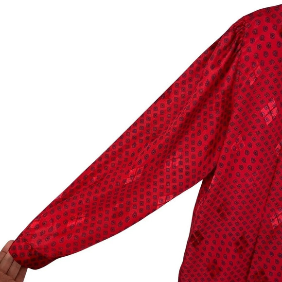 Vintage 90s Satin Mock Neck Blouse Shirt Womens Size Large Red Geometric Paisley - Picture 5 of 10